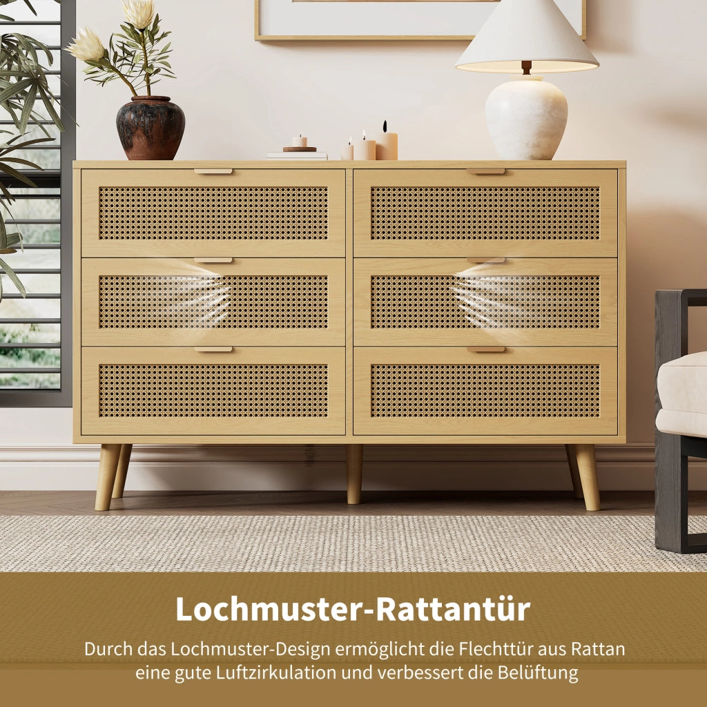 Cassettiera con 6 cassetti maniglie in metallo gambe in legno truciolare per soggiorno 120 × 76.5 × 40 cm