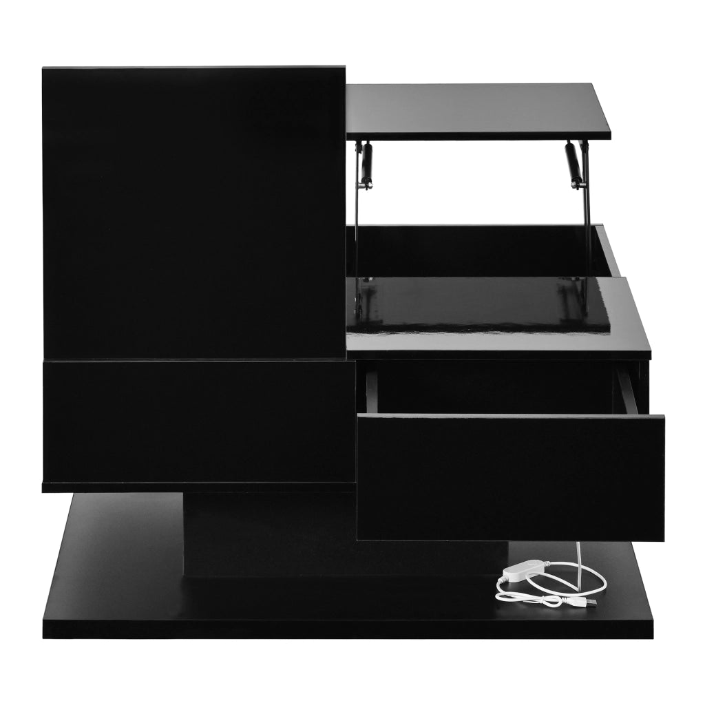 Tavolino basso alzabile con piano a ribalta due cassetti LED con controllo tramite app nero 72 × 72 × 35 cm