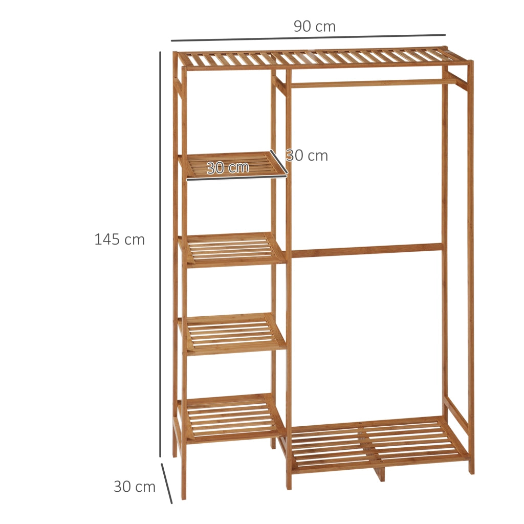 Stand Appendiabiti in Bambù con Scaffale a 6 Livelli e Barra, 90x30x145 cm, Salvaspazio per Casa, Legno Naturale