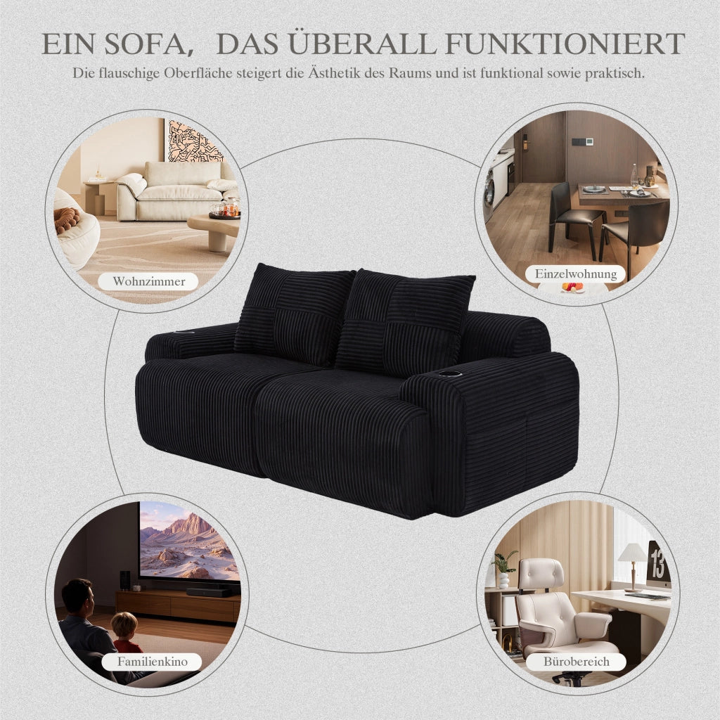 Divano modulare a 2 posti in velluto a coste nero con portabicchieri integrato e tasca laterale 200 × 99 × 80 cm