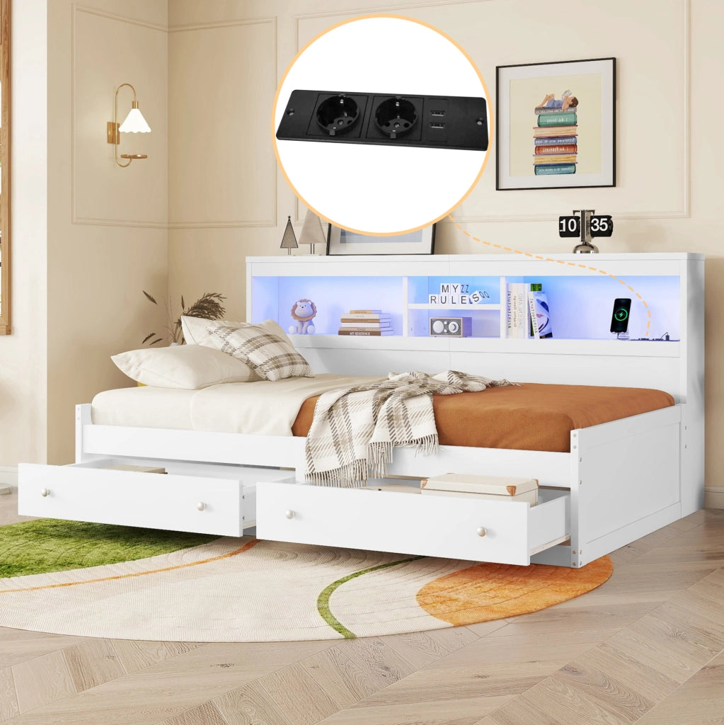 Letto giorno bianco 90x200 cm con divano letto, 2 USB, luce d'ambiente e due cassetti, struttura in truciolato e MDF