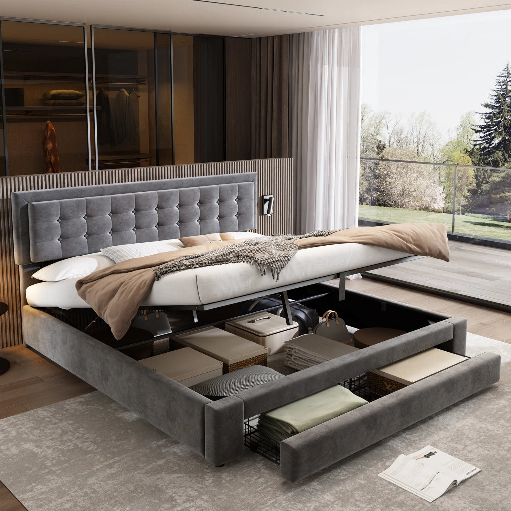 Letto matrimoniale 160x200 contenitore con cassetti; imbottito in velluto grigio