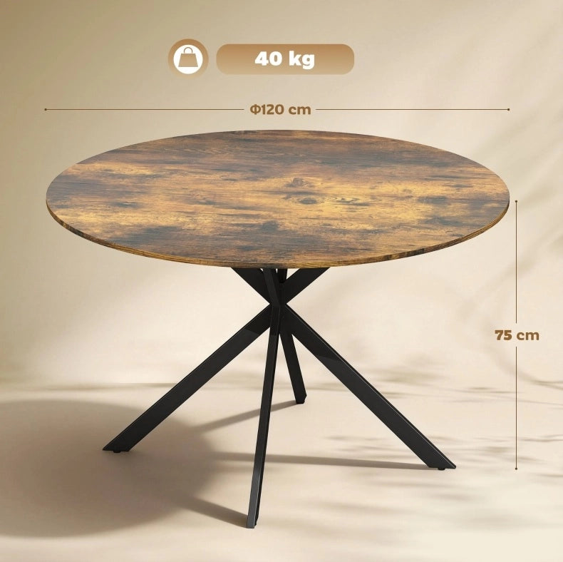 Tavolo rotondo da pranzo 120 cm in legno e acciaio, stile industriale marrone, 4 posti