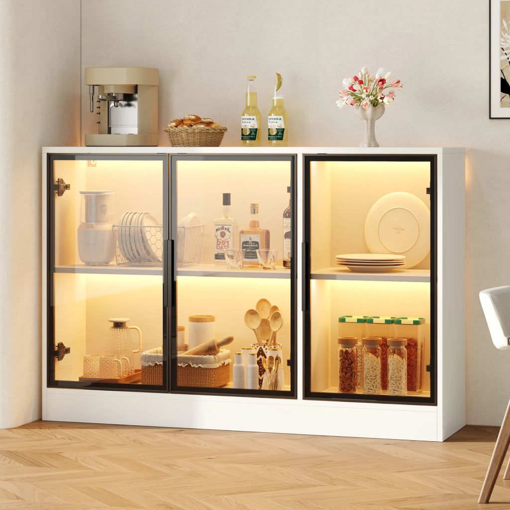 Vetrina ULEVR 120x30x73 cm bianca con vetro grigio, LED multicolore e ante con chiusura ammortizzata