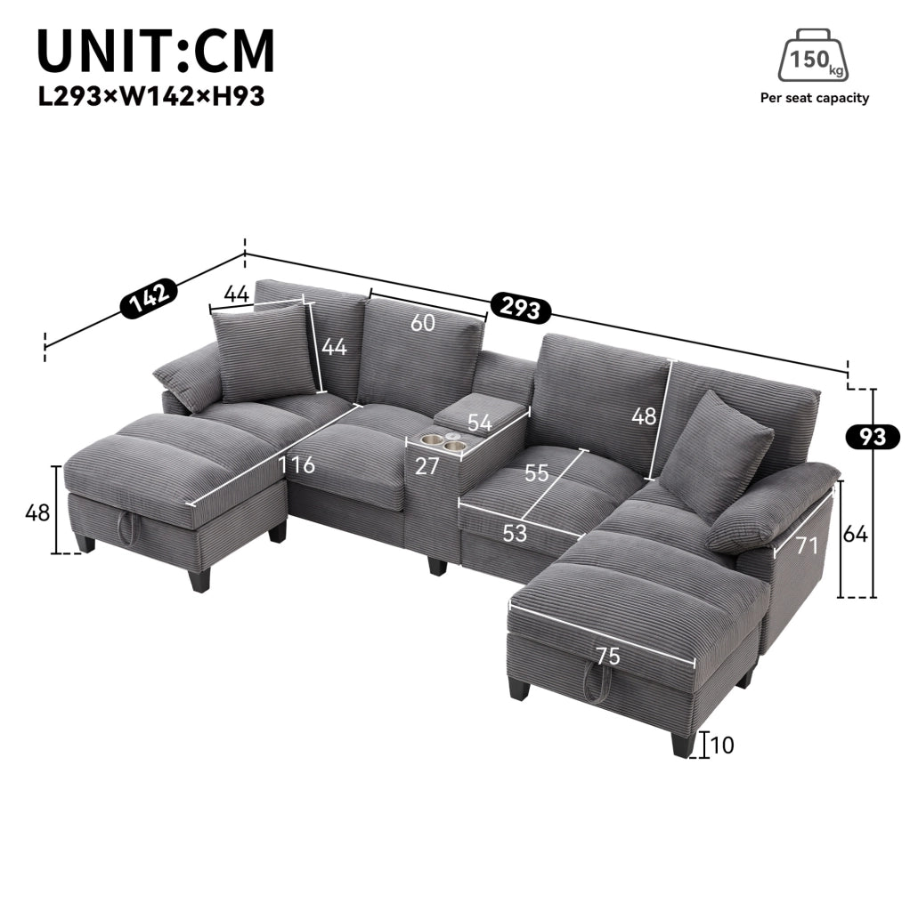 Divano a U 293x142x93 cm in velluto a coste grigio con contenitore e USB