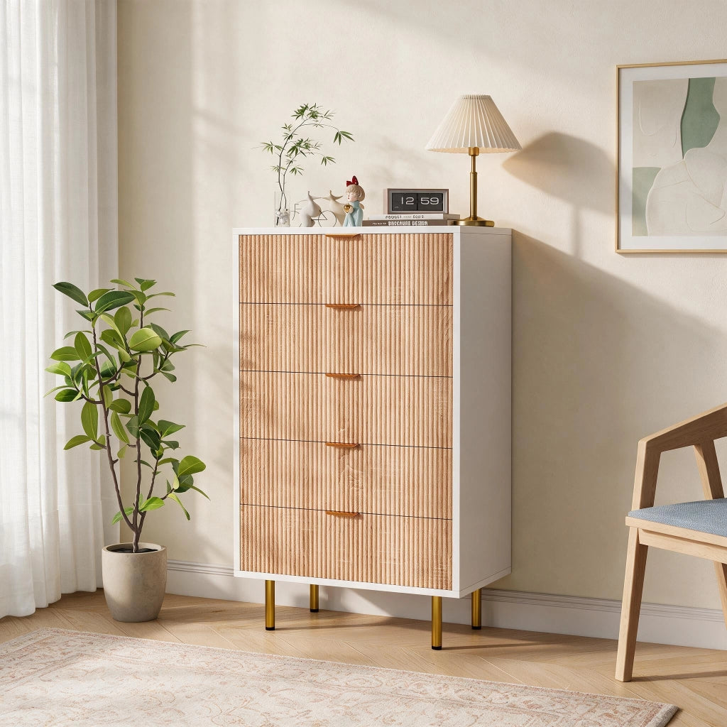 Cassettiera camera da letto 60x34x100 cm 5 cassetti in legno e rattan mobiletto multiuso - rovere naturale
