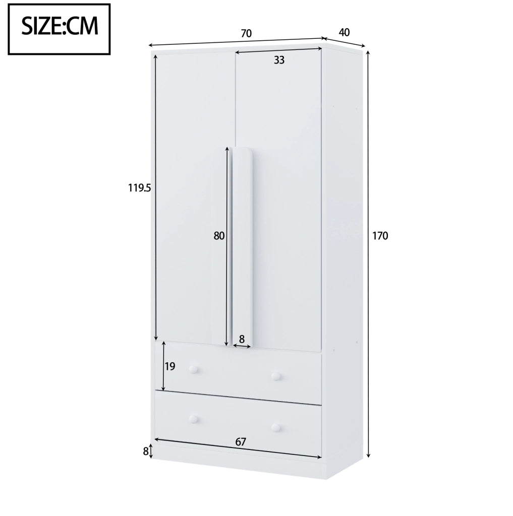 Armadio guardaroba bianco 70x40x170 cm con ante doppie, cassetti e ripiani