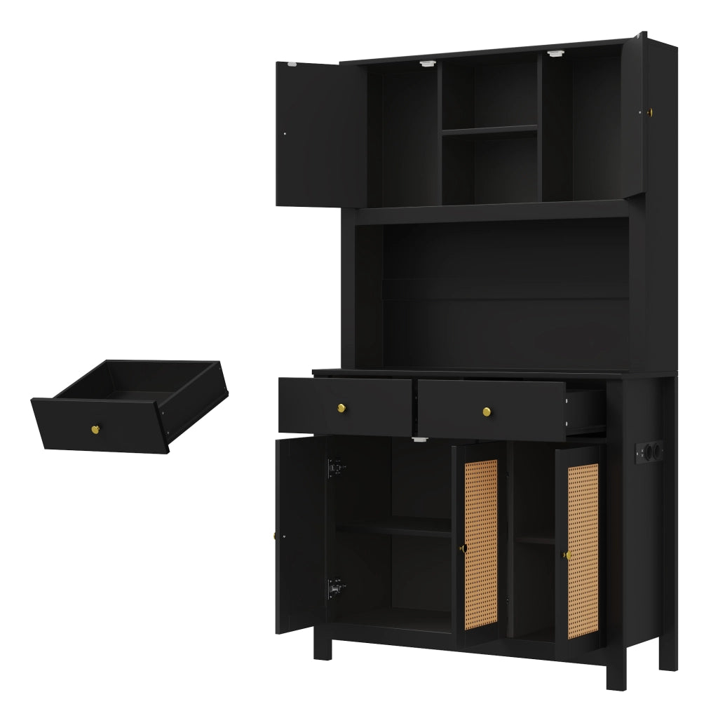Mobile Dispensa 100x40x180 cm Nero con LED RGB App, 5 Ante Rattan, 2 Cassetti, 2 Prese e 2 USB