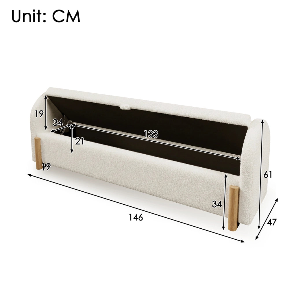 Panca contenitore da letto 146x47x61 cm con vano idraulico in ciniglia bouclé bianca