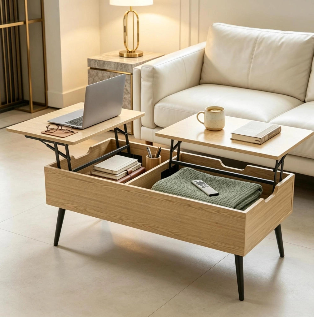 Tavolino da salotto multifunzione con piano rialzabile, effetto legno naturale e gambe in metallo nero, 100x50x43,6 cm