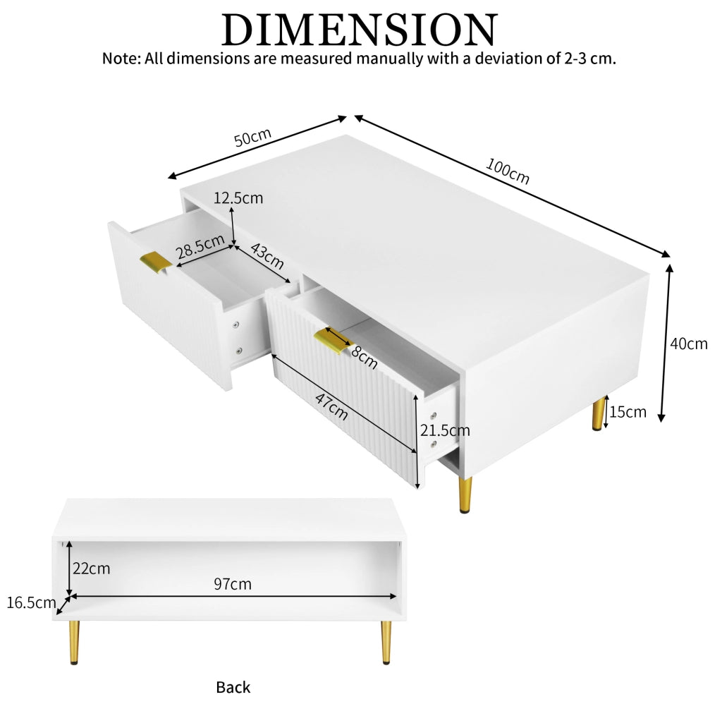 Tavolino da caff¨¨ 100x50x40 cm con 2 cassetti in MDF bianco e oro