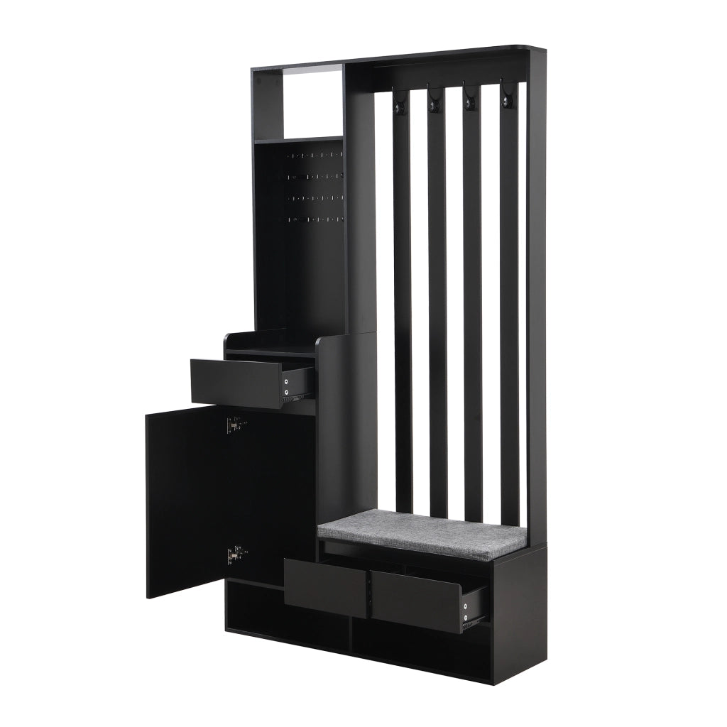 Mobile da ingresso con panca imbottita, 1 cassetto, vani aperti, pannello forato e 4 ganci, nero, 100 × 35 × 180 cm