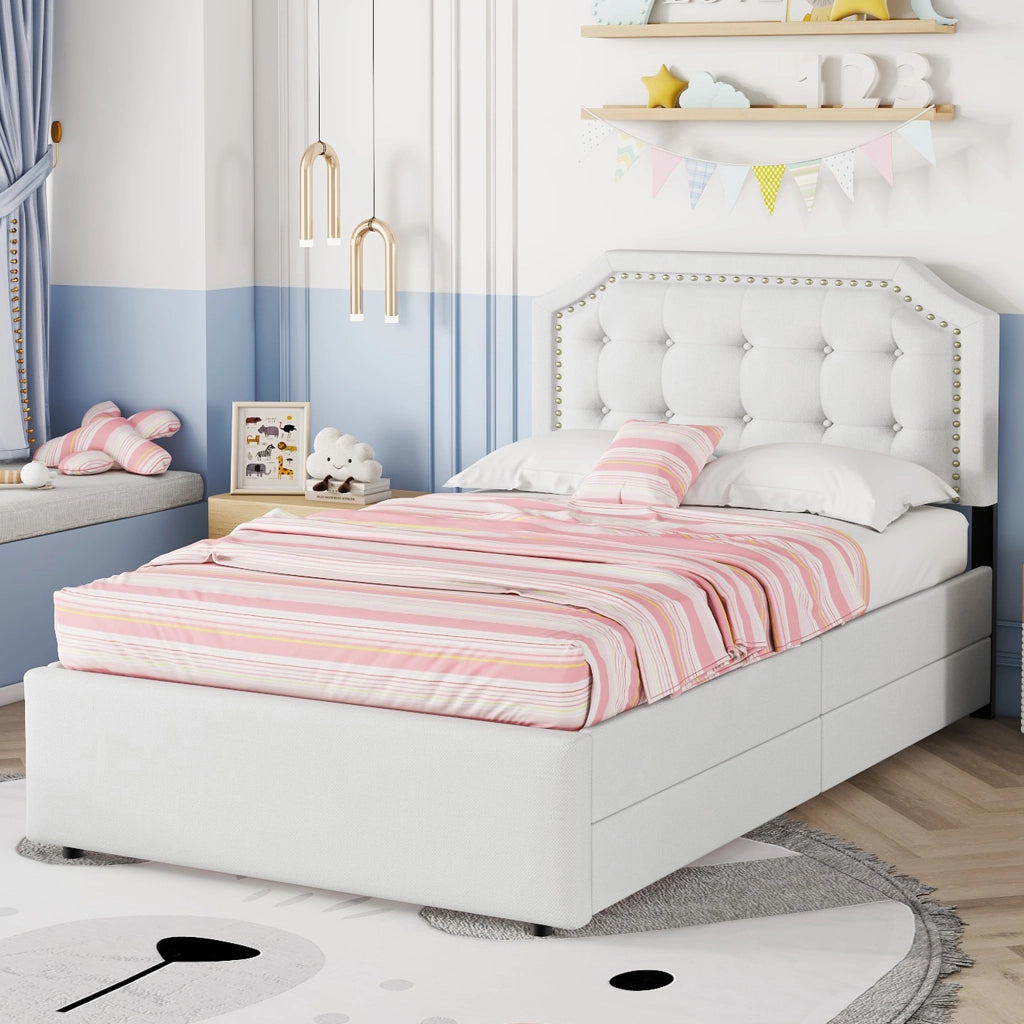 Letto imbottito 90x200 cm con 2 cassetti in MDF e tessuto beige chiaro