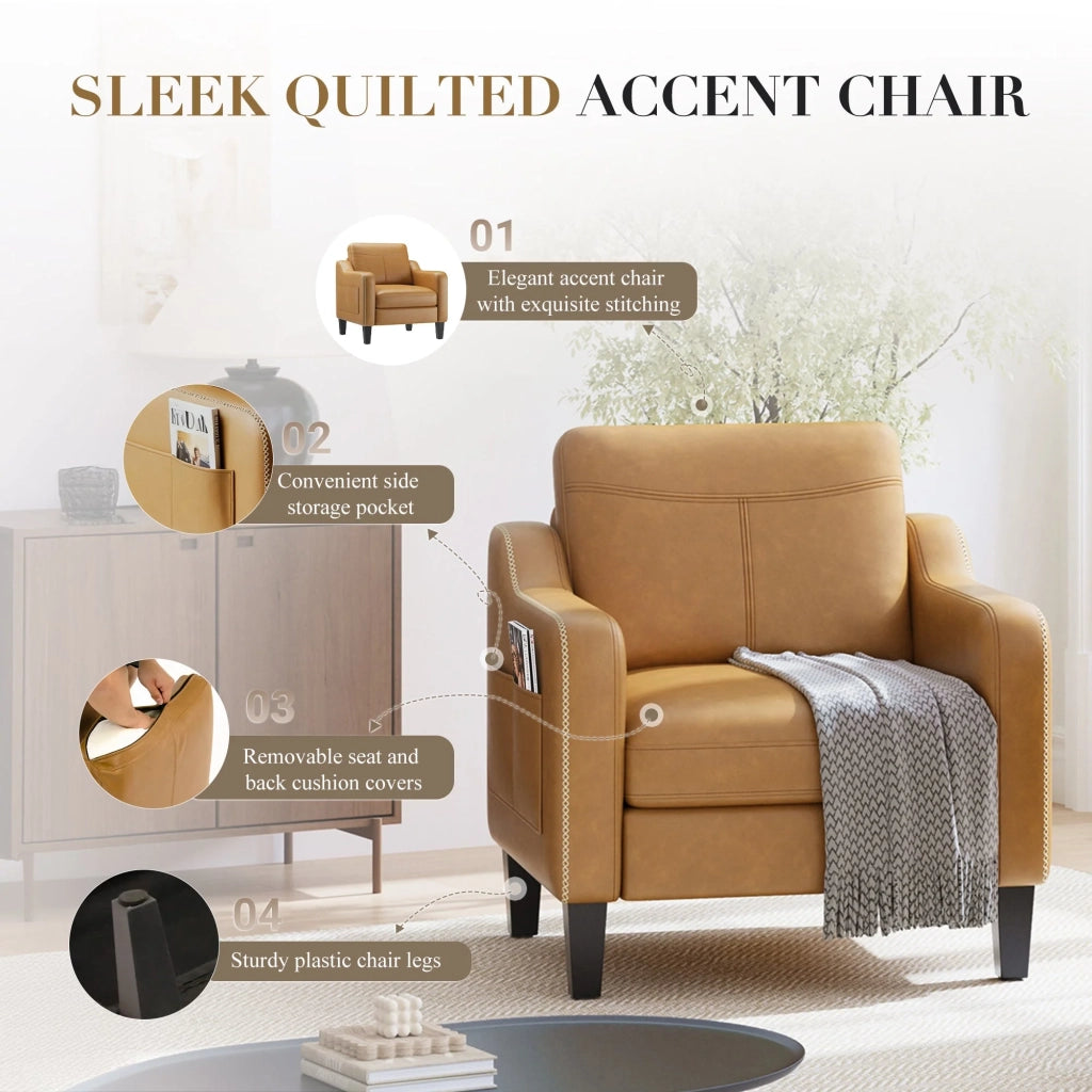 Poltrona moderna in PU in stile Mid-Century con vano portaoggetti laterale, comfort ergonomico per soggiorno e ufficio, giallo-marrone