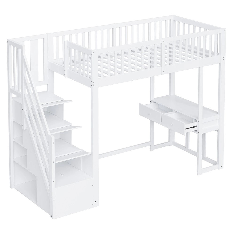Letto a Soppalco con Scrivania e Scala Contenitore ¨C Xylo ¨C Pino Massello Bianco 90x200