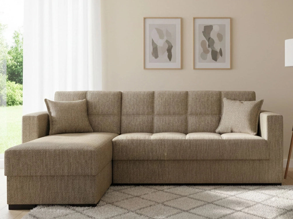 Divano letto Armadillo, Divano letto ad angolo con penisola reversibile, Sofà\  contenitore da soggiorno con chaislongue e 2 cuscini, Cm 230x150h81, Beige