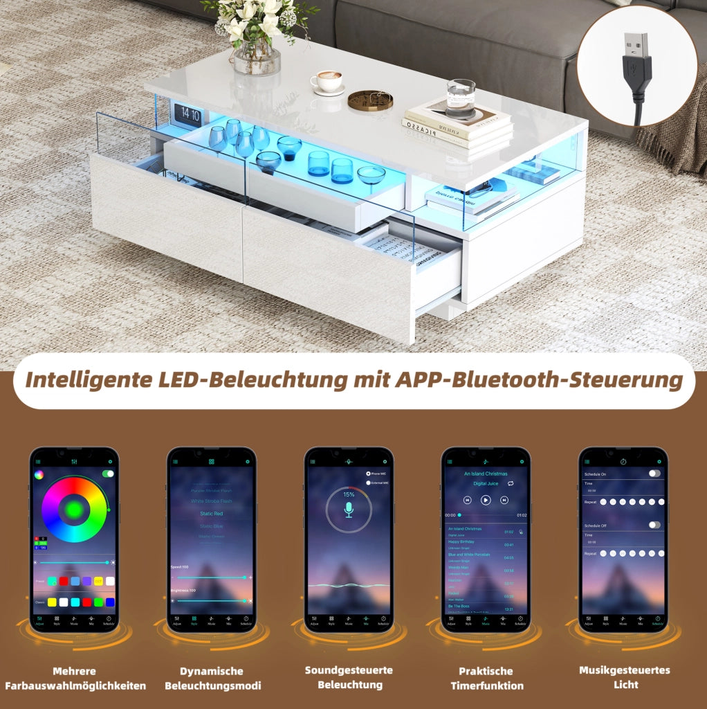 Tavolino da salotto bianco lucido 90x45x35,5 cm con 2 cassetti in acrilico, vetrate laterali in vetro temperato, ripiano estraibile e illuminazione LED controllabile via app