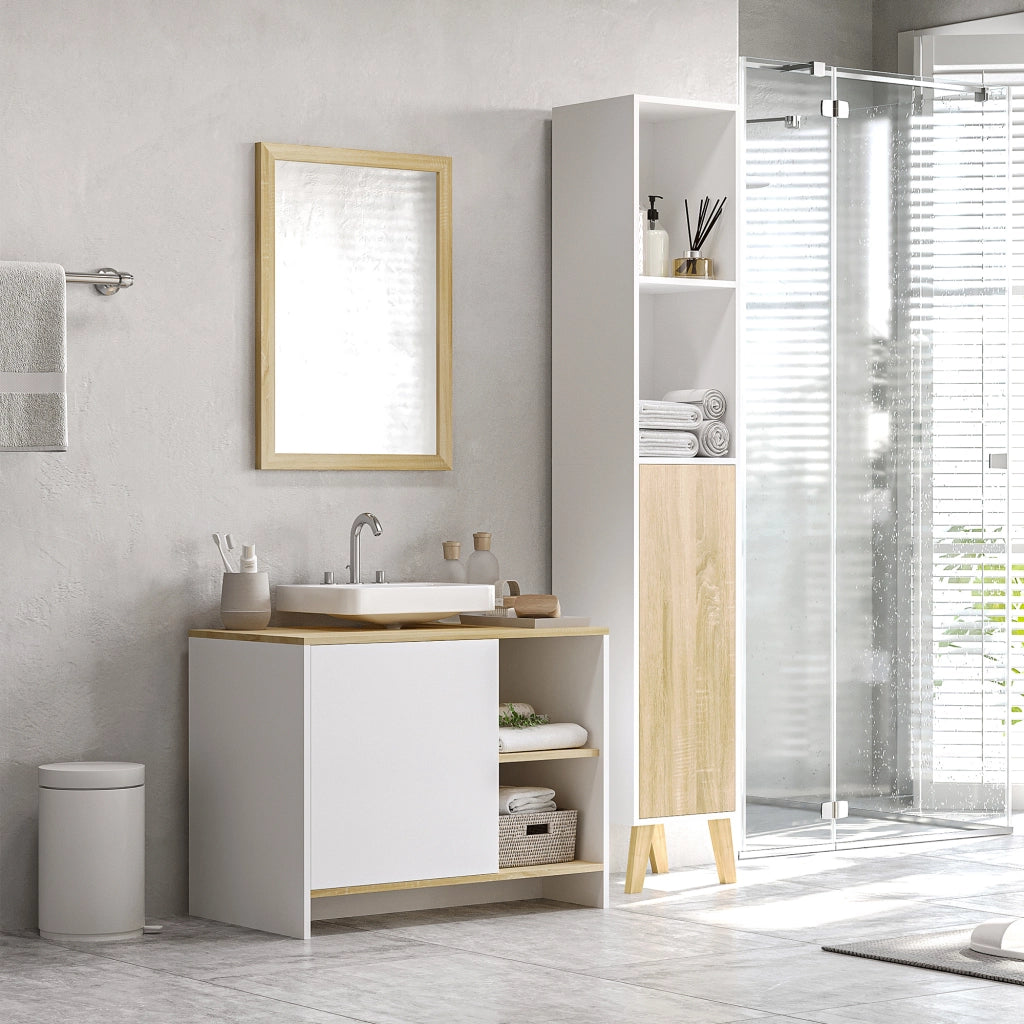Mobile Bagno Sottolavabo in Legno con Anta e 2 Mensole, Mobiletto Salvaspazio Pratico e Moderno per Casa, 77x45x60 cm, Bianco e Legno