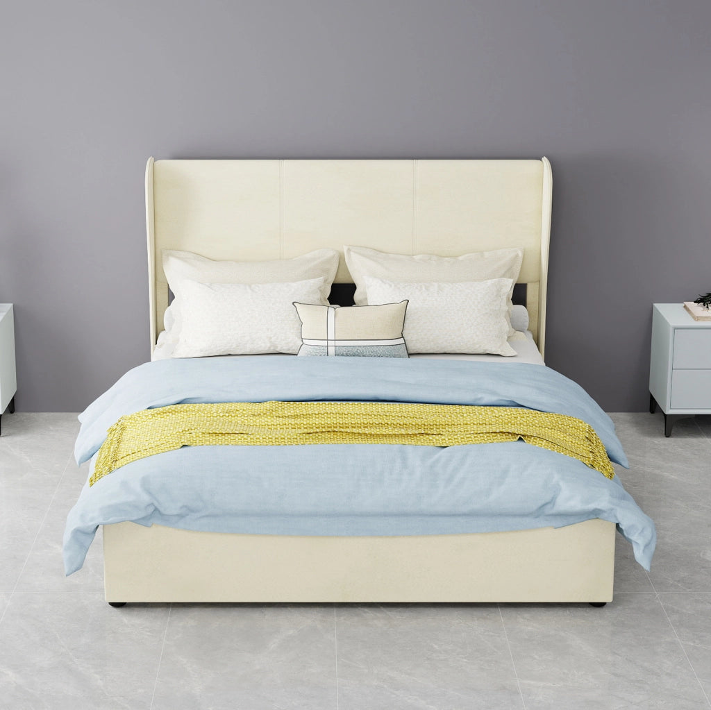 Letto Moderno Minimalista 140x200 cm Beige con Testiera Imbottita e Base Contenitore a Gas