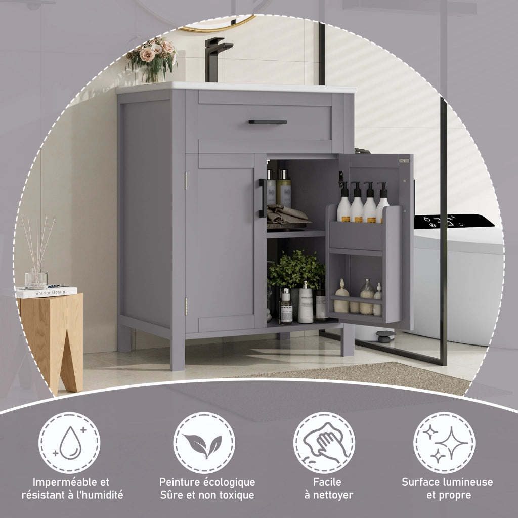Mobile bagno da terra con lavabo in ceramica integrato, 60x46x84,8 cm, grigio, doppia anta, cassetti e ripiani regolabili