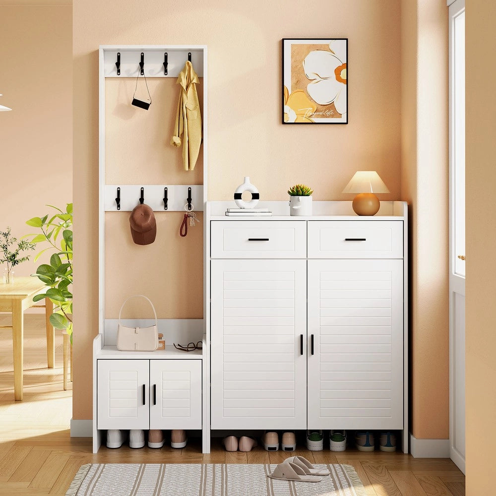 Set appendiabiti e scarpiera ingresso ¨C Minimal ¨C bianco, 2 cassetti 2 ante 6 ripiani 8 ganci, 125x36x165 cm