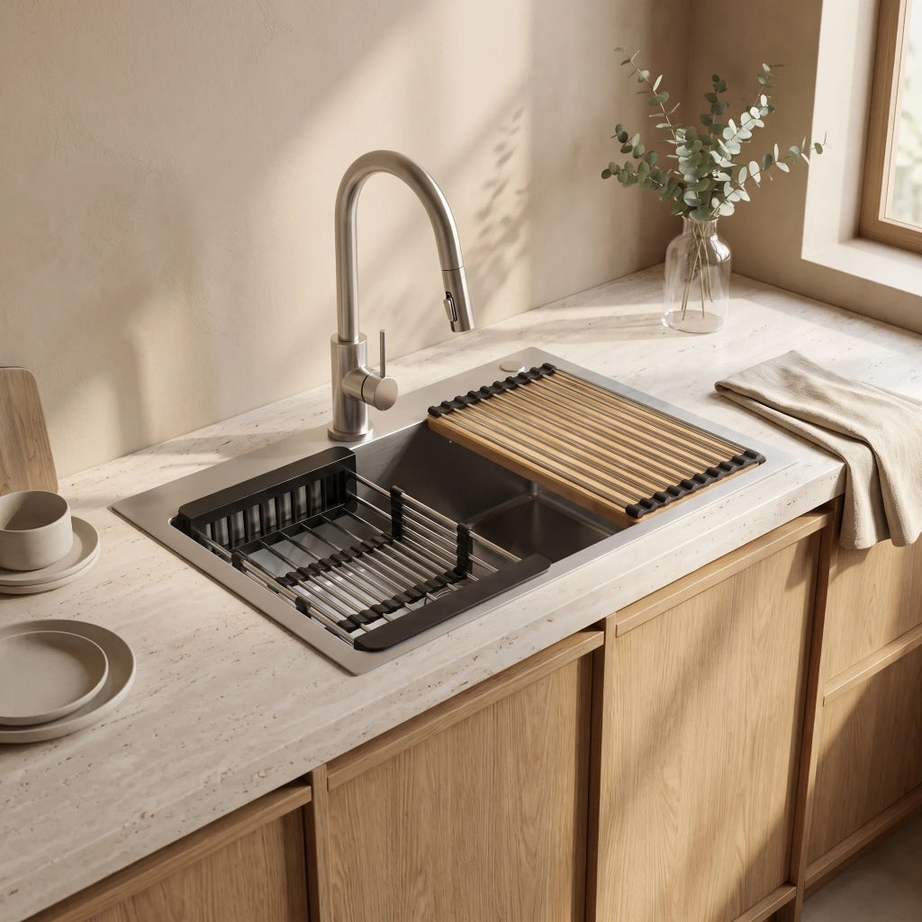 Lavello In Acciaio Con Set Di Accessori 3 Pz. Rea Liam Brush Nickel Accessori grigi