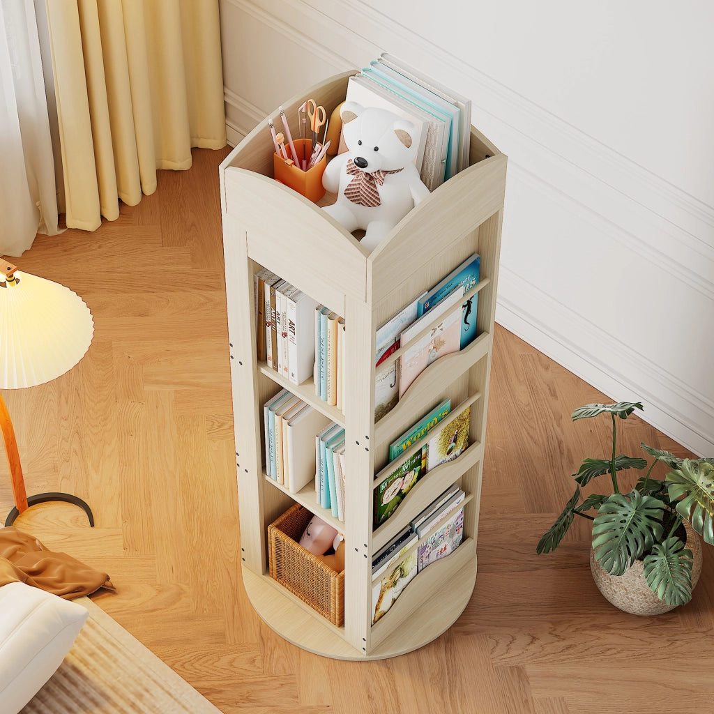 Libreria girevole a 360° con 4 ripiani e vani laterali in MDF naturale 142 × 63 × 63 cm