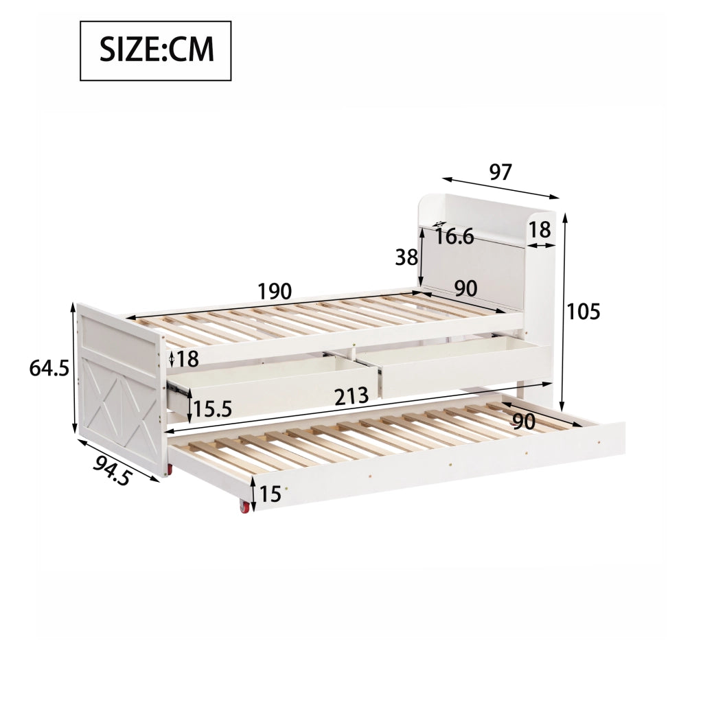 Letto con letto estraibile 90 × 190 cm con 2 cassetti comodino con vano e USB in legno bianco con rete a doghe
