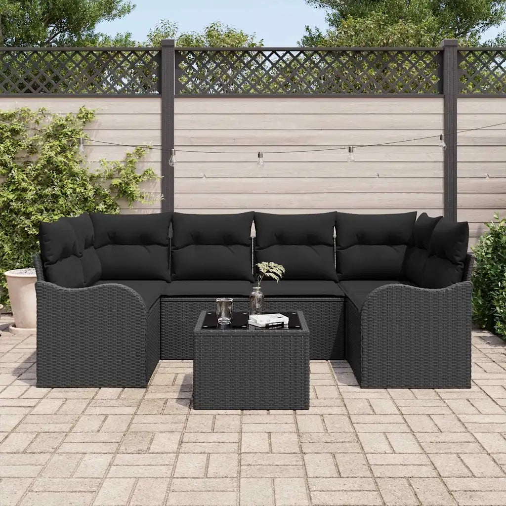 Set Divano da Giardino 7 pcs Nero Polyrattan, Acciaio e Vetro