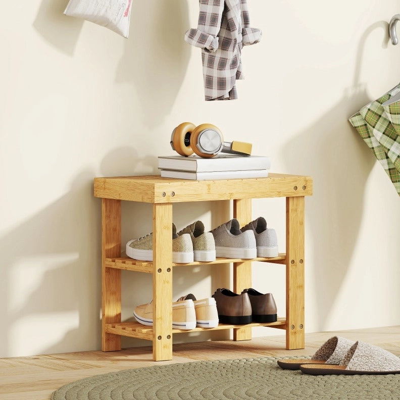 Panca porta scarpe in bambù naturale con 2 ripiani e seduta 50x28x45 cm per ingresso e corridoio