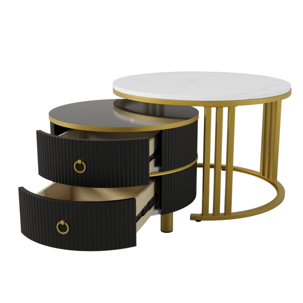 Tavolini da salotto impilabili rotondi con 2 cassetti e piano effetto marmo lucido, in MDF e metallo, nero e oro