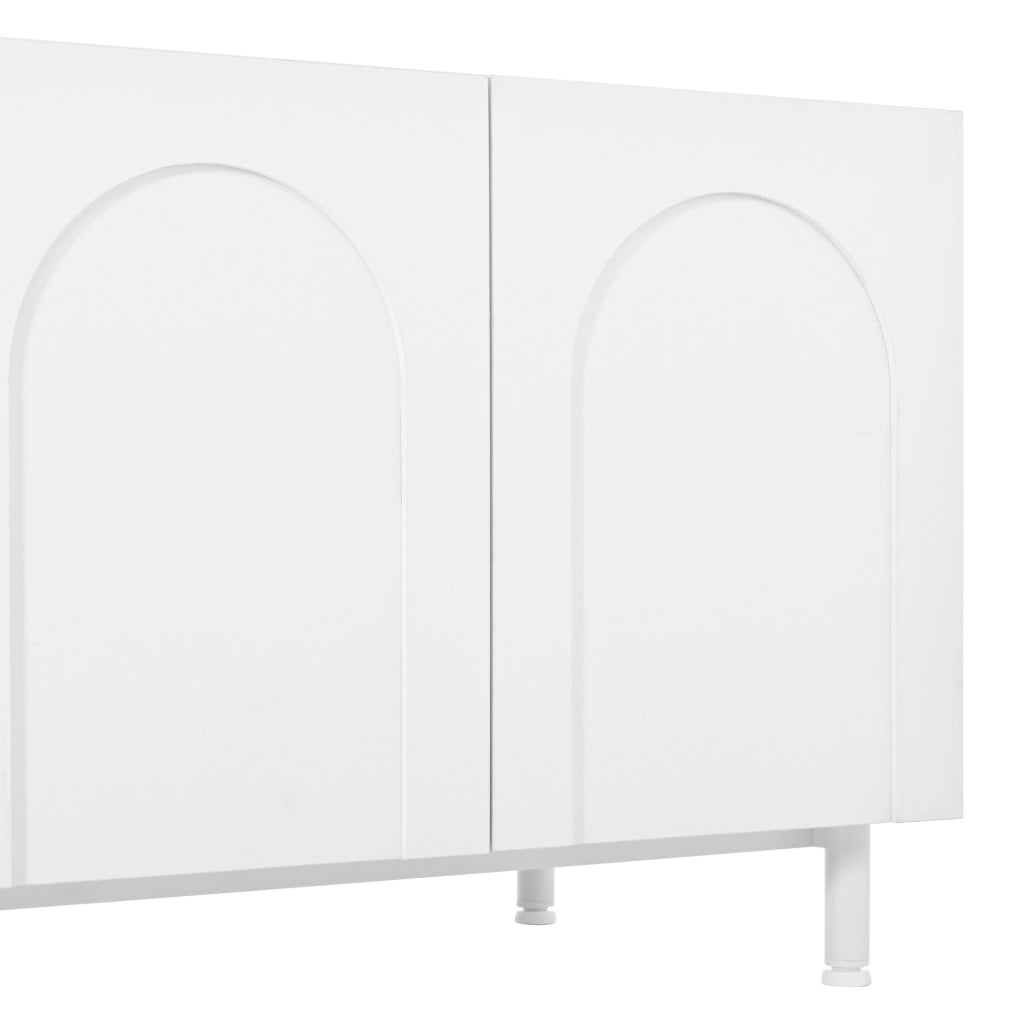 Mobile TV bianco con quattro ante arcuate, due cassetti e piedi in acciaio, 180x40x48 cm