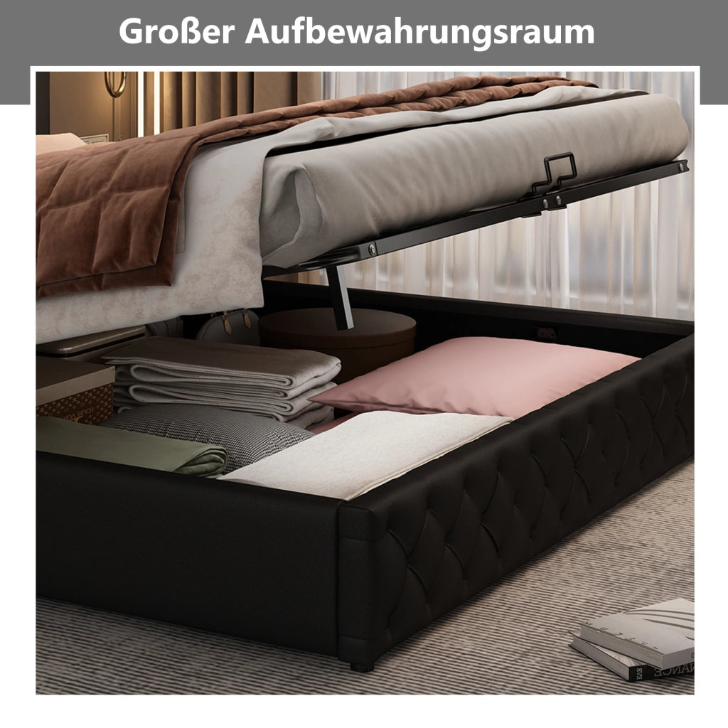 Letto matrimoniale 140x200 cm con contenitore e LED; rivestimento in PU nero