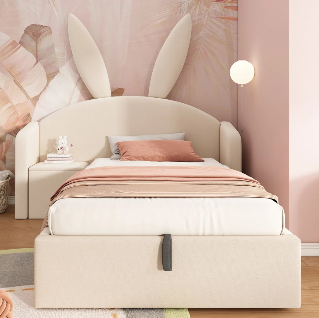 Letto junior 90x200 cm in velluto beige con contenitore, comodino integrato e design con orecchie