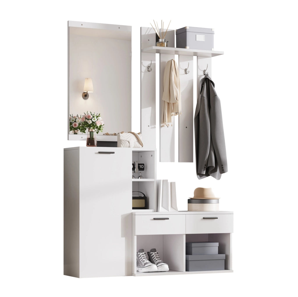 Mobile guardaroba da ingresso con scarpiera; specchio e 2 cassetti; MDF bianco; 120 ¡Á 35 ¡Á 175.5 cm