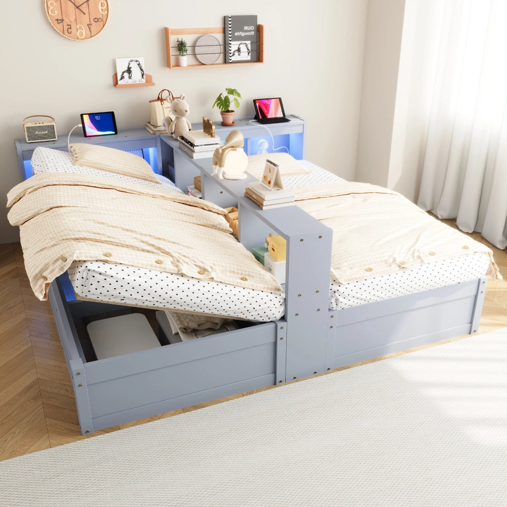 Letto matrimoniale 180×200 cm e 90×200 cm con presa; LED e contenitore; senza materasso; MDF; grigio