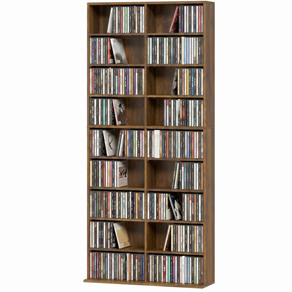 Scaffale porta CD e DVD in pannello truciolare; noce scuro; 18 scomparti; ripiani regolabili; 78;5 x 24 x 175 cm