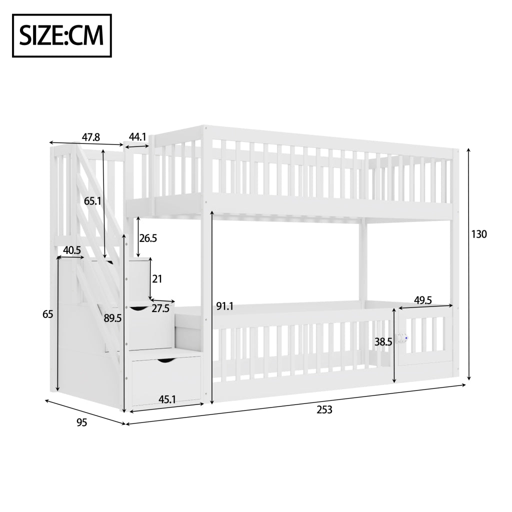 Letto a castello 90×200 cm, letto 2 posti con scala a cassetti, porta inferiore, senza materasso, bianco