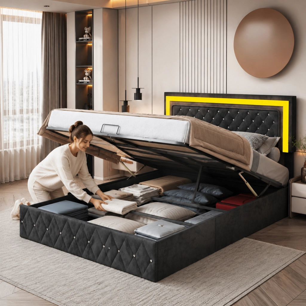 Letto matrimoniale 160x200cm velluto nero, LED RGB telecomandato, vano contenitivo idraulico