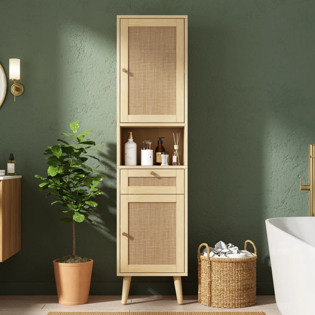 Colonna da bagno autoportante con ante reversibili in rattan; cassetto e ripiani aperti color legno naturale 40 × 30 × 166 cm