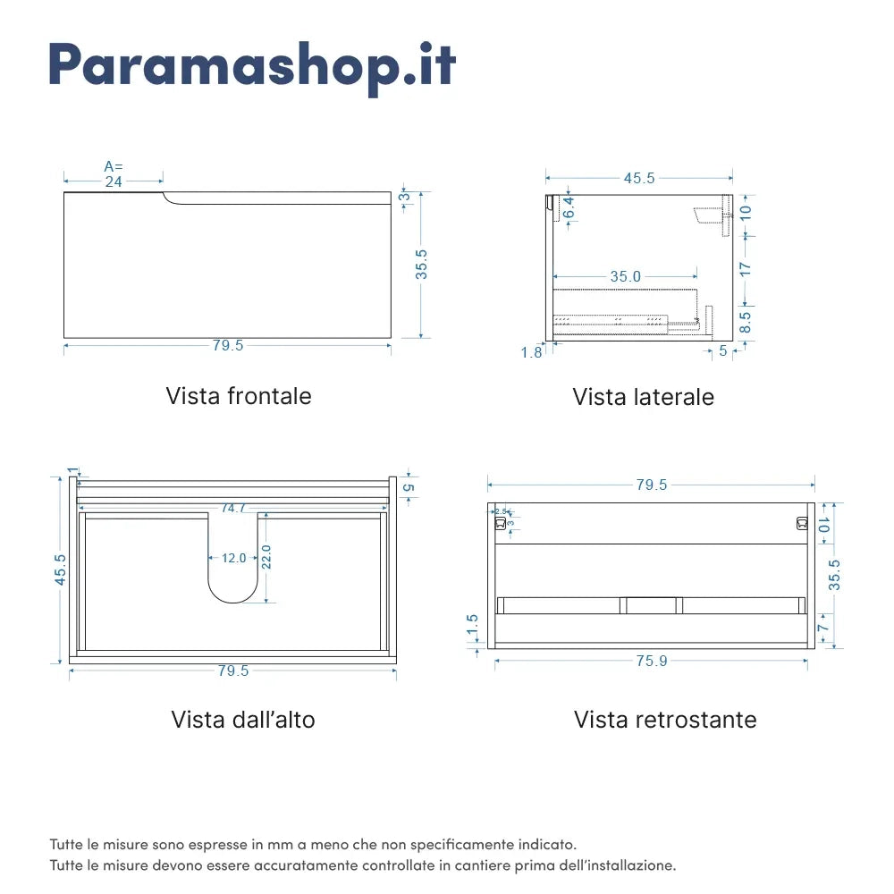 Mobile bagno sospeso 80 cm un cassetto color carta da zucchero con top  | Moor