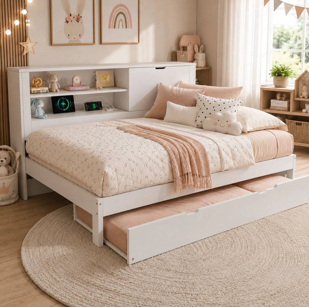 Divano letto bianco 140x190 cm con letto estraibile e contenitore