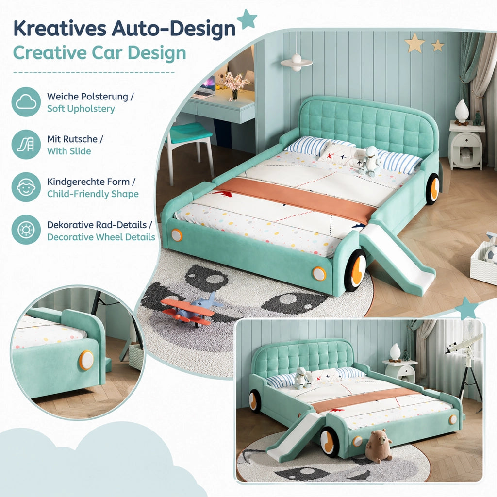 Letto per bambini a forma di auto 140 × 200 cm con scivolo e scaletta imbottito in velluto blu-verde