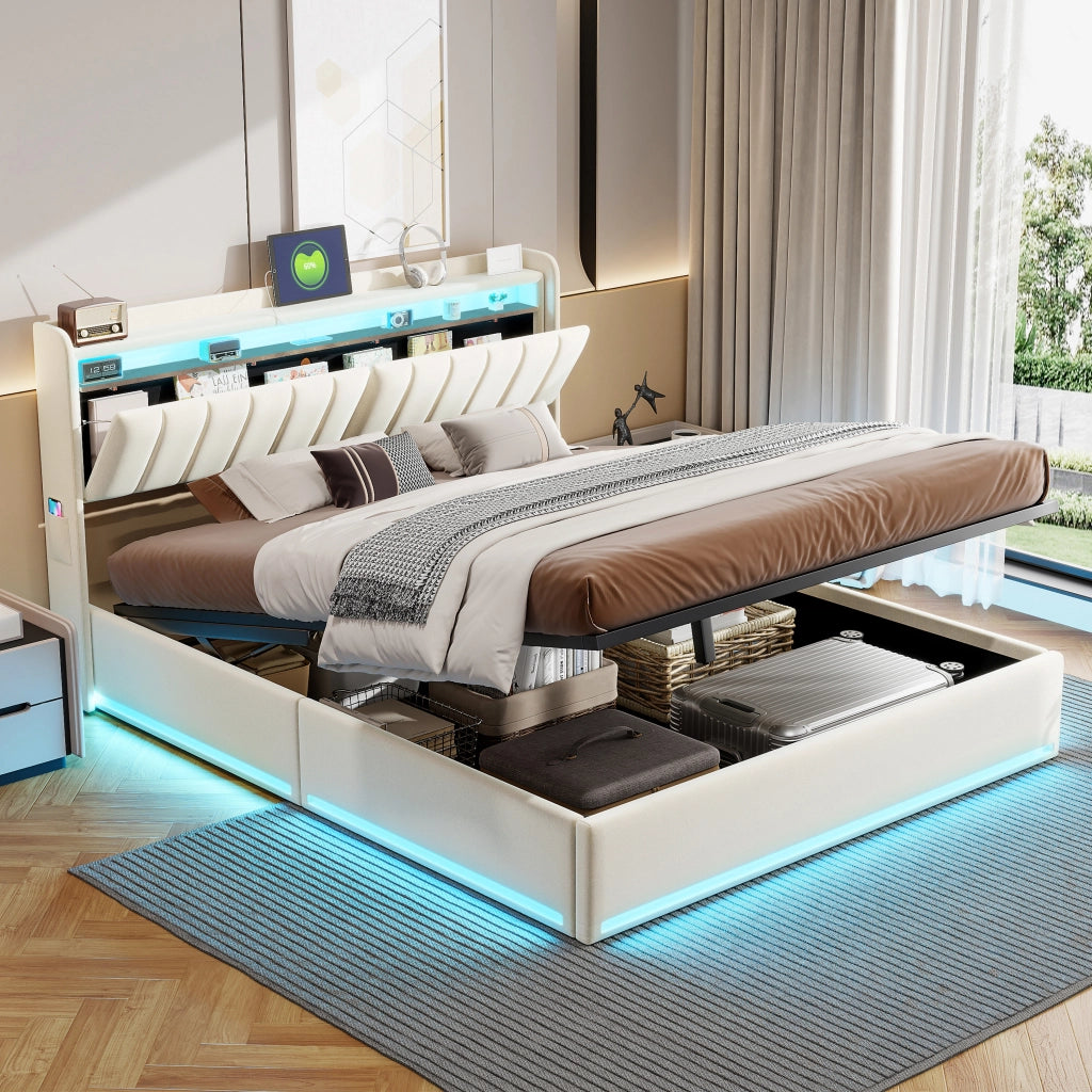 Letto matrimoniale contenitore 140x200 cm imbottito LED USB testiera portaoggetti alzata idraulica velluto beige