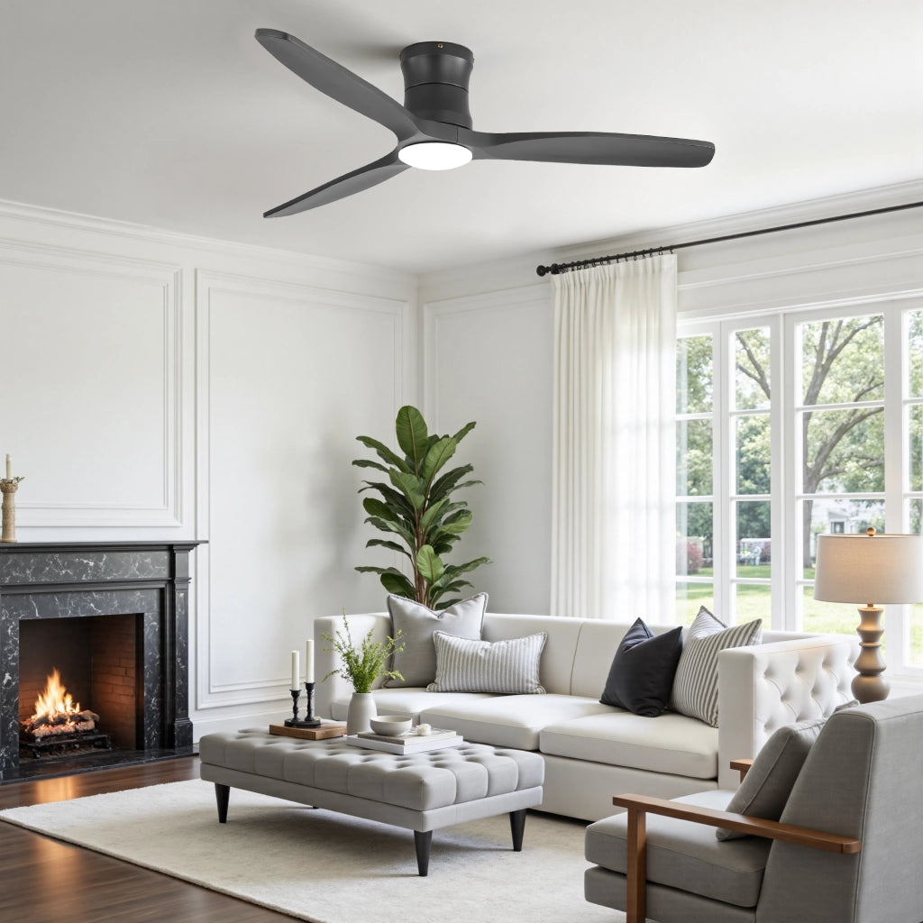 Ventilatore da soffitto a profilo basso con luce LED dimmerabile; motore DC reversibile e telecomando a 6 velocità