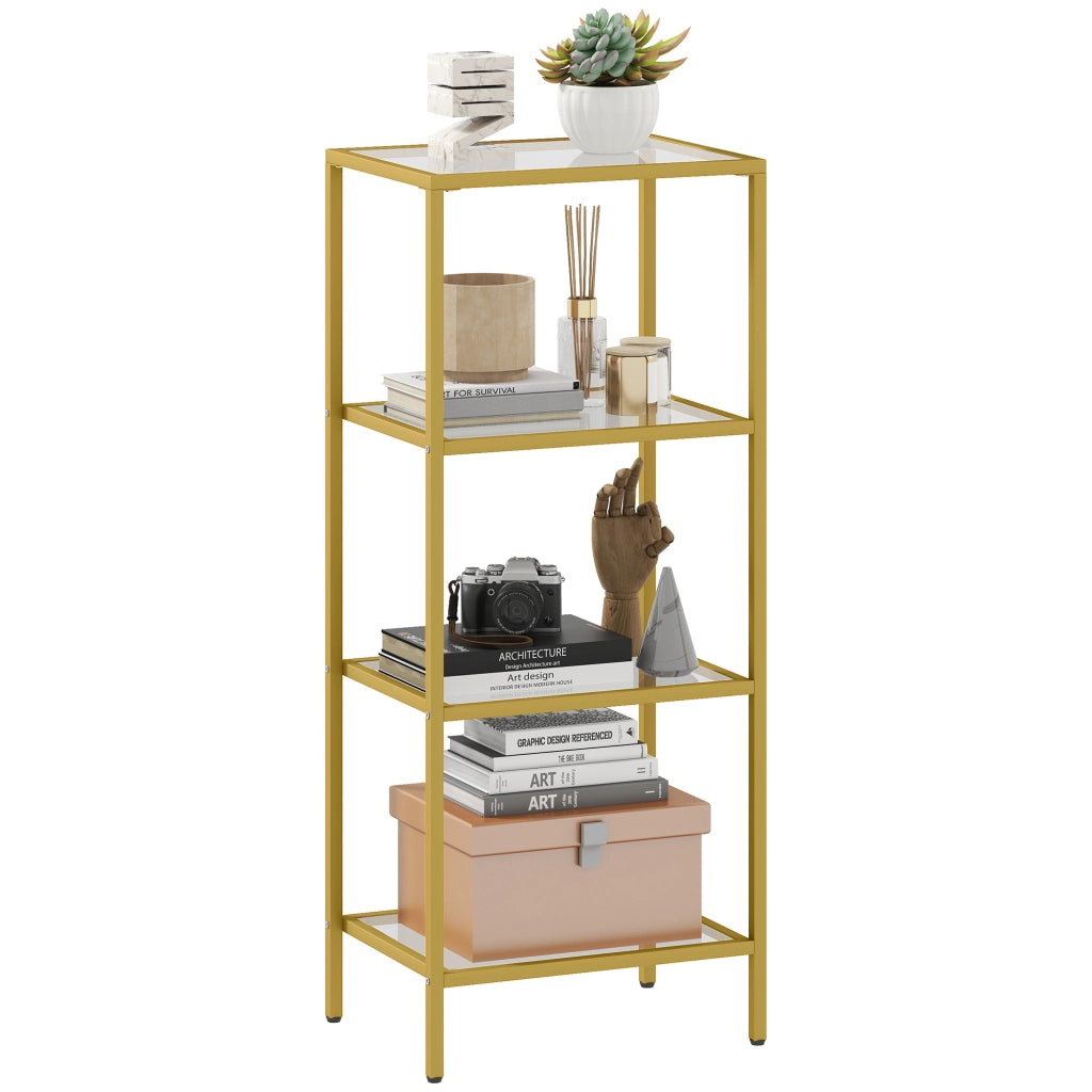 Scaffale a 4 Livelli in Metallo e Vetro Temperato, Mobiletto Salvaspazio per Casa, Design Moderno, Robusto, Color Oro, 40x30x96.5 cm