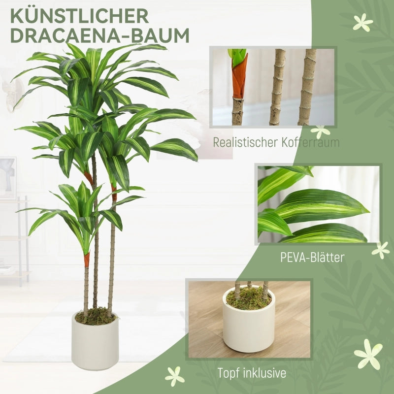 Dracaena artificiale 120 cm con fusti modellabili e vaso bianco in PP; pianta decorativa verde per casa e ufficio