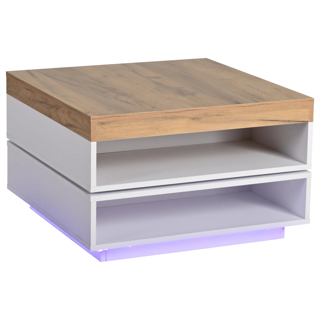 Tavolino da salotto quadrato con luci LED bianco effetto legno 65 x 65 x 40 cm in MDF