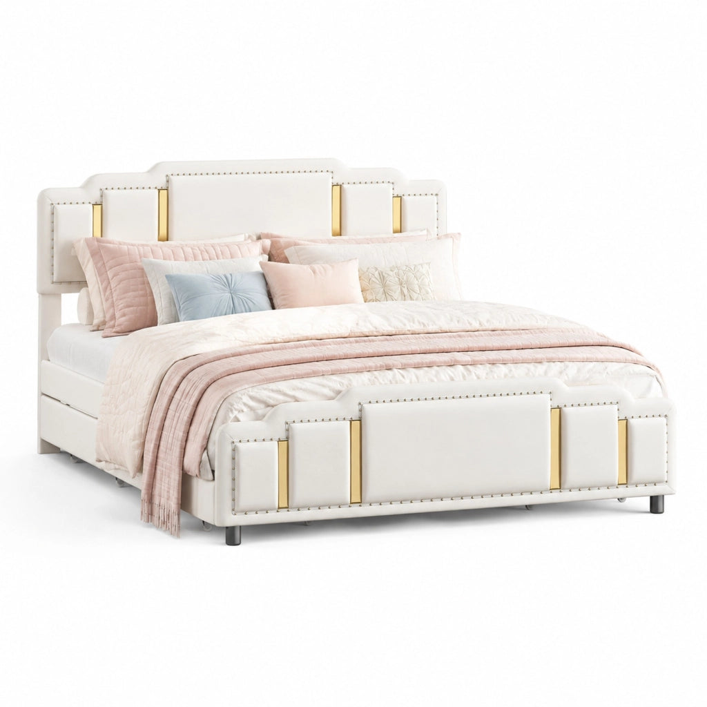 Letto matrimoniale 160 × 200 cm 2 posti con 4 cassetti, LED regolabile, senza materasso, velluto beige