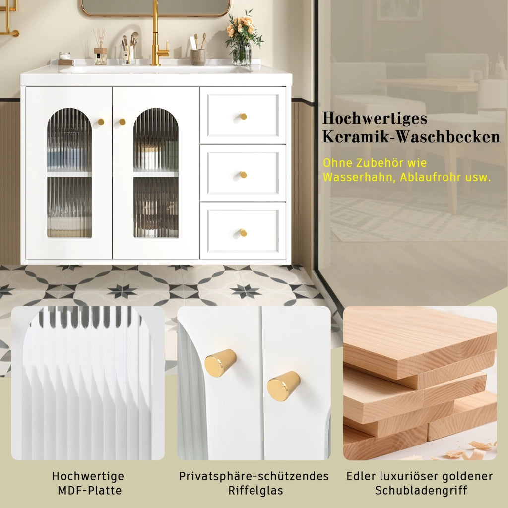 Mobiletto con lavabo sospeso in MDF bianco con 2 cassetti anta in vetro ondulato e ripiani regolabili